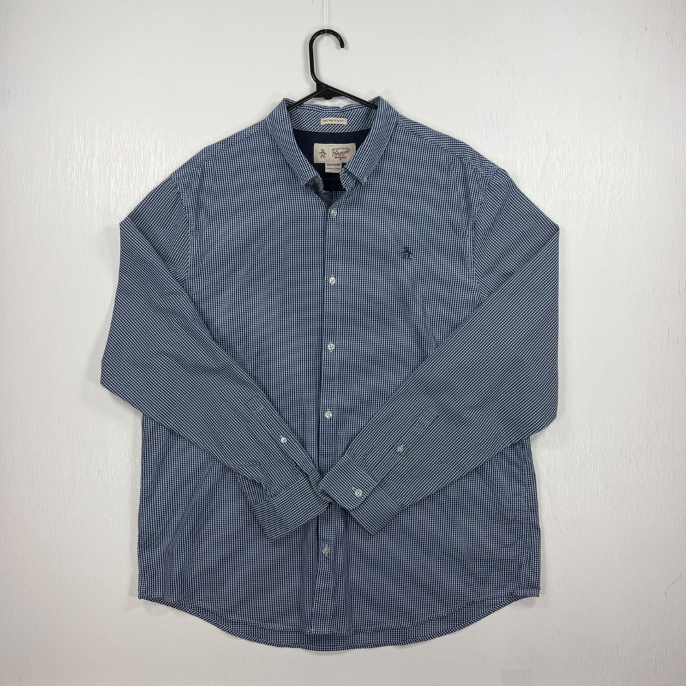 Original Penguin XXL Blue White Gingham Check Button Up Shirt 100% Cotton Preppy